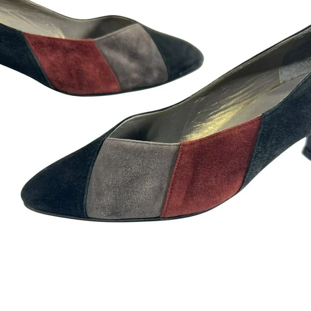 Yves Saint Laurent Black Gray & Red Suede Pumps Heels Sz6 Vintage